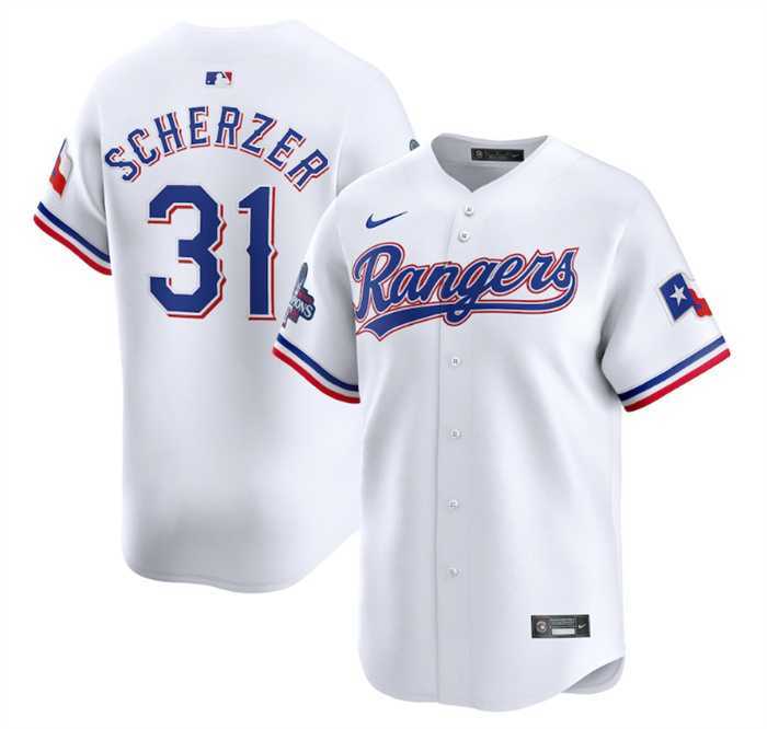 Men's Texas Rangers #31 Max Scherzer White 2023 World Series Champions Stitched Baseball Jersey Dzhi